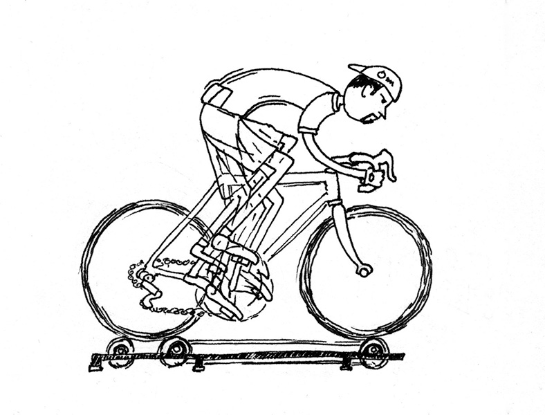 Sketch of a guy riding bike rollers with legs blurred
