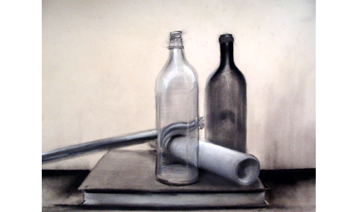 charcoal drawing of a glass bottle and chrome bar
