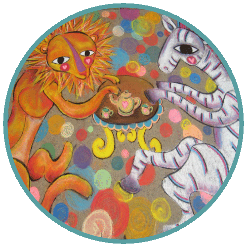 A cirlce chalk drawing of a lion and a zebra drinking tea